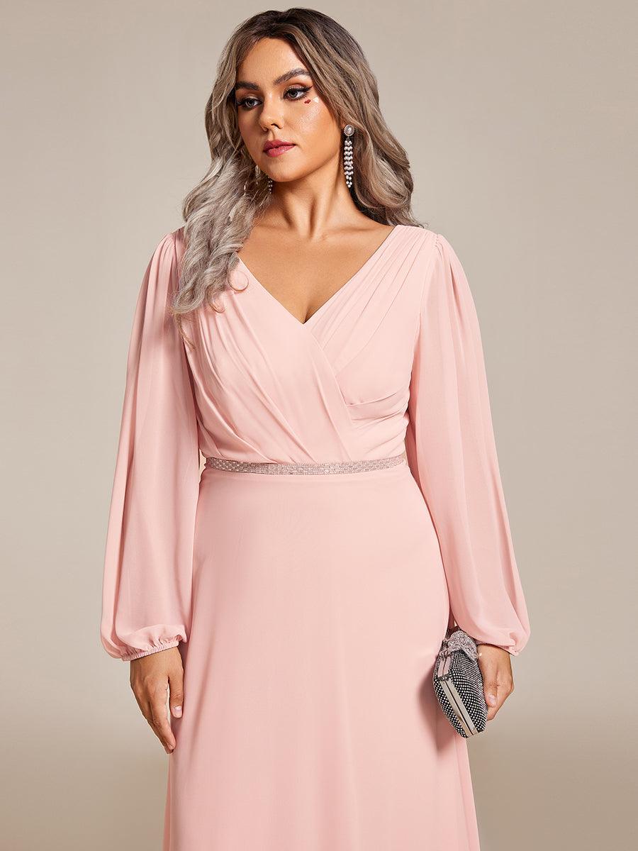 Robe de soirée plissée en mousseline de soie double col en V manches longues ceinture brillante #Couleur_Rose