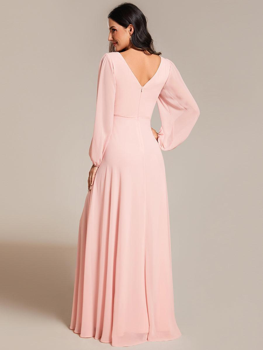 Robe de soirée plissée en mousseline de soie double col en V manches longues ceinture brillante #Couleur_Rose