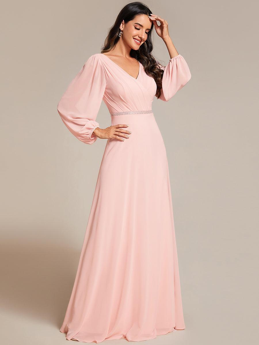 Robe de soirée plissée en mousseline de soie double col en V manches longues ceinture brillante #Couleur_Rose