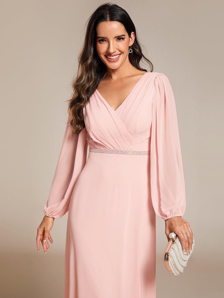 Robe de soirée plissée en mousseline de soie double col en V manches longues ceinture brillante #Couleur_Rose