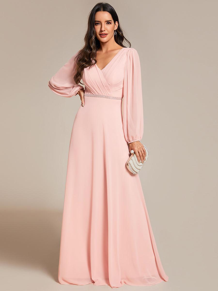 Robe de soirée plissée en mousseline de soie double col en V manches longues ceinture brillante #Couleur_Rose