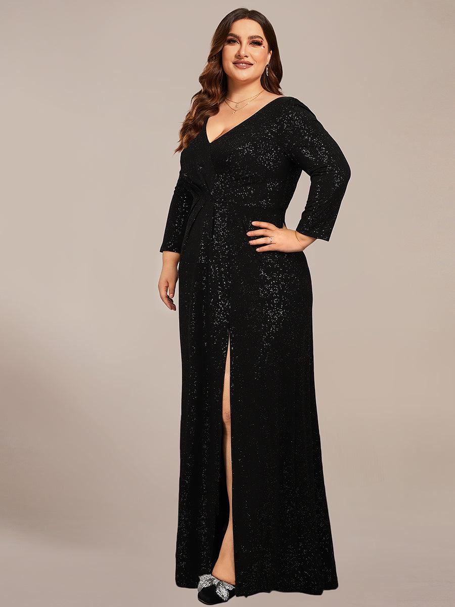 Grande taille Robe de soirée scintillante à manches longues et col en V double #Couleur_Noir Grande taille Robe de soirée scintillante à manches longues et col en V double