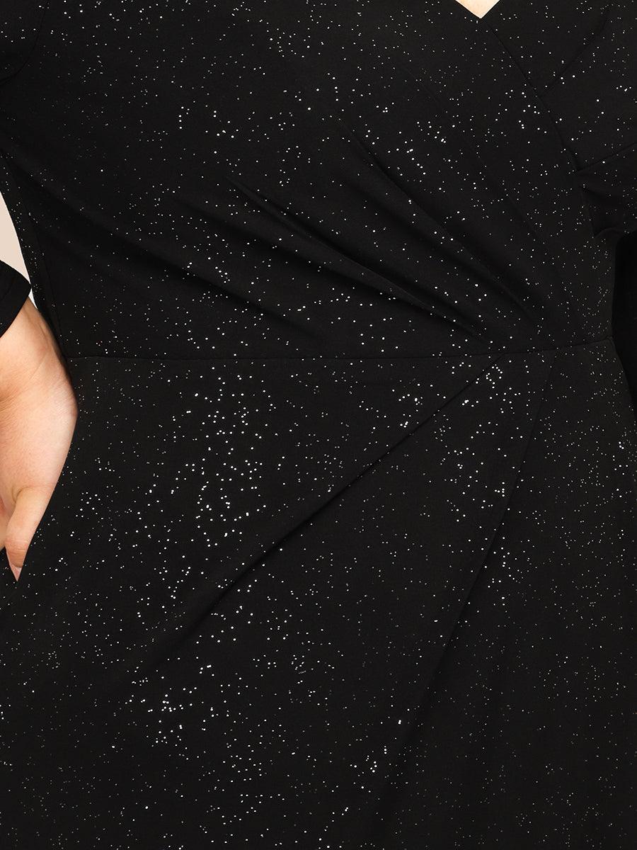 Grande taille Robe de soirée scintillante à manches longues et col en V double #Couleur_Noir