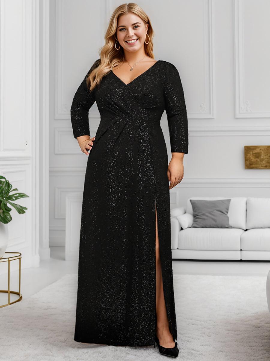 Grande taille Robe de soirée scintillante à manches longues et col en V double #Couleur_Noir Grande taille Robe de soirée scintillante à manches longues et col en V double