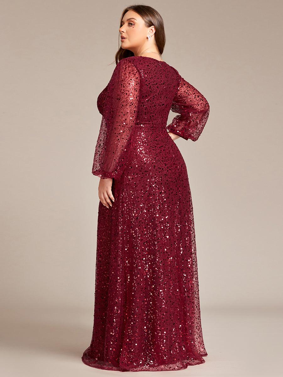Robe de soirée trapèze à paillettes col en V manches longues et paillettes #Couleur_Bordeaux Robe de soirée trapèze à paillettes col en V manches longues et paillettes