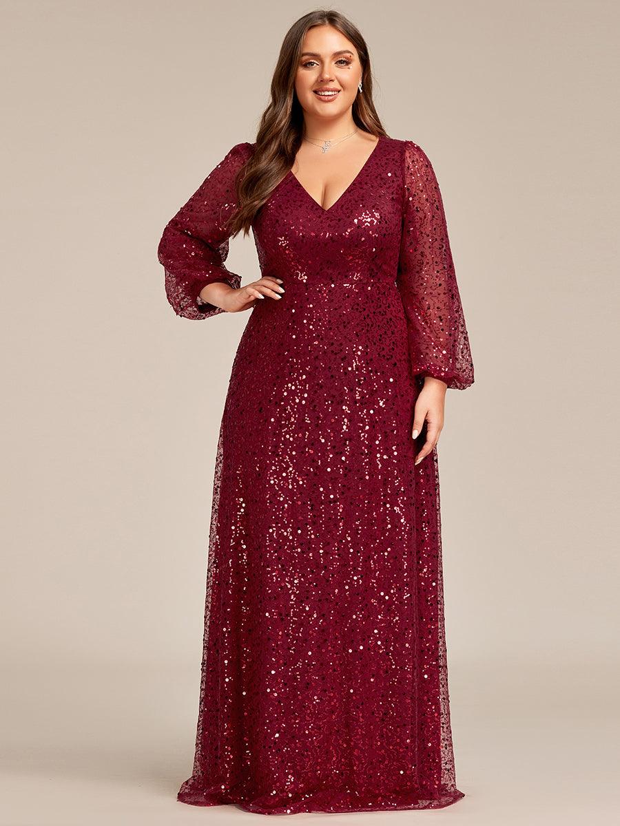 Grande taille Robe de soirée trapèze à paillettes col en V manches longues et paillettes#Couleur_Bleu Marine Grande taille Robe de soirée trapèze à paillettes col en V manches longues et paillettes