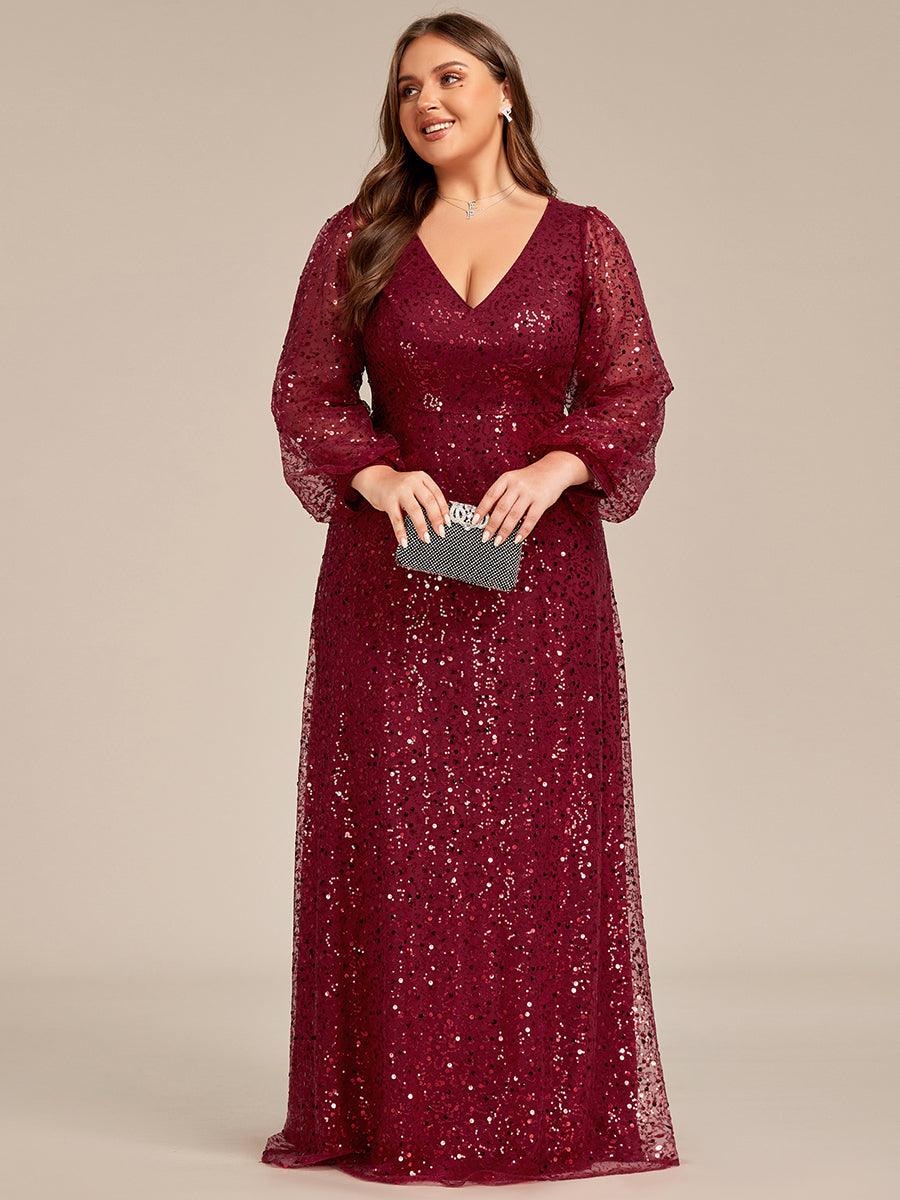Grande taille Robe de soirée trapèze à paillettes col en V manches longues et paillettes#Couleur_Bleu Marine Grande taille Robe de soirée trapèze à paillettes col en V manches longues et paillettes