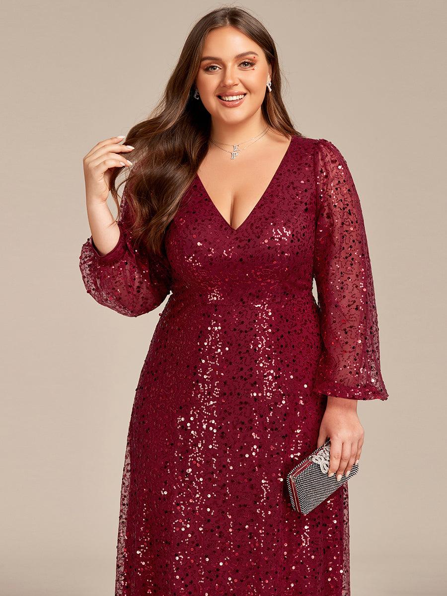 Grande taille Robe de soirée trapèze à paillettes col en V manches longues et paillettes#Couleur_Bleu Marine Grande taille Robe de soirée trapèze à paillettes col en V manches longues et paillettes
