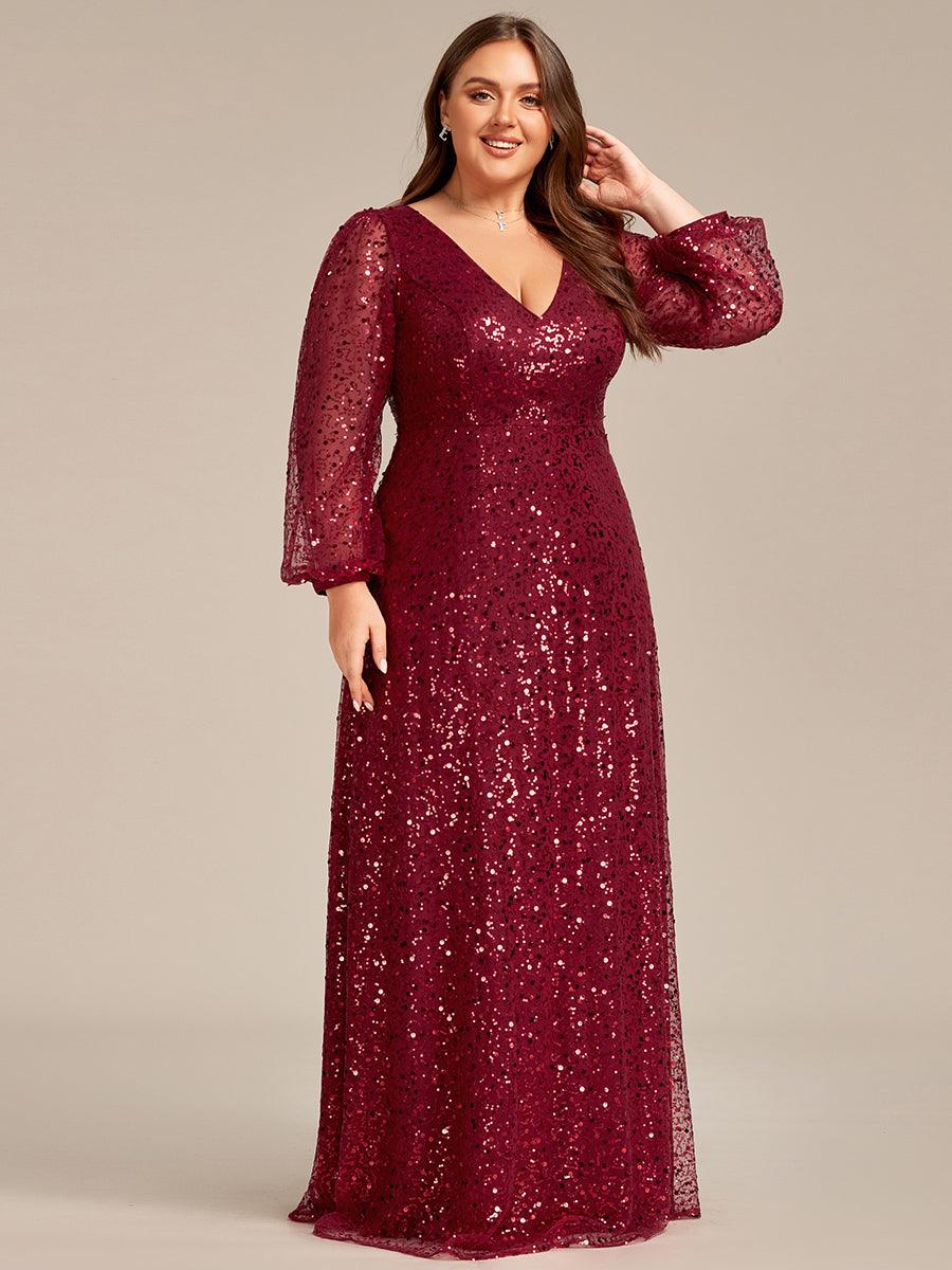 Robe de soirée trapèze à paillettes col en V manches longues et paillettes #Couleur_Bordeaux Robe de soirée trapèze à paillettes col en V manches longues et paillettes