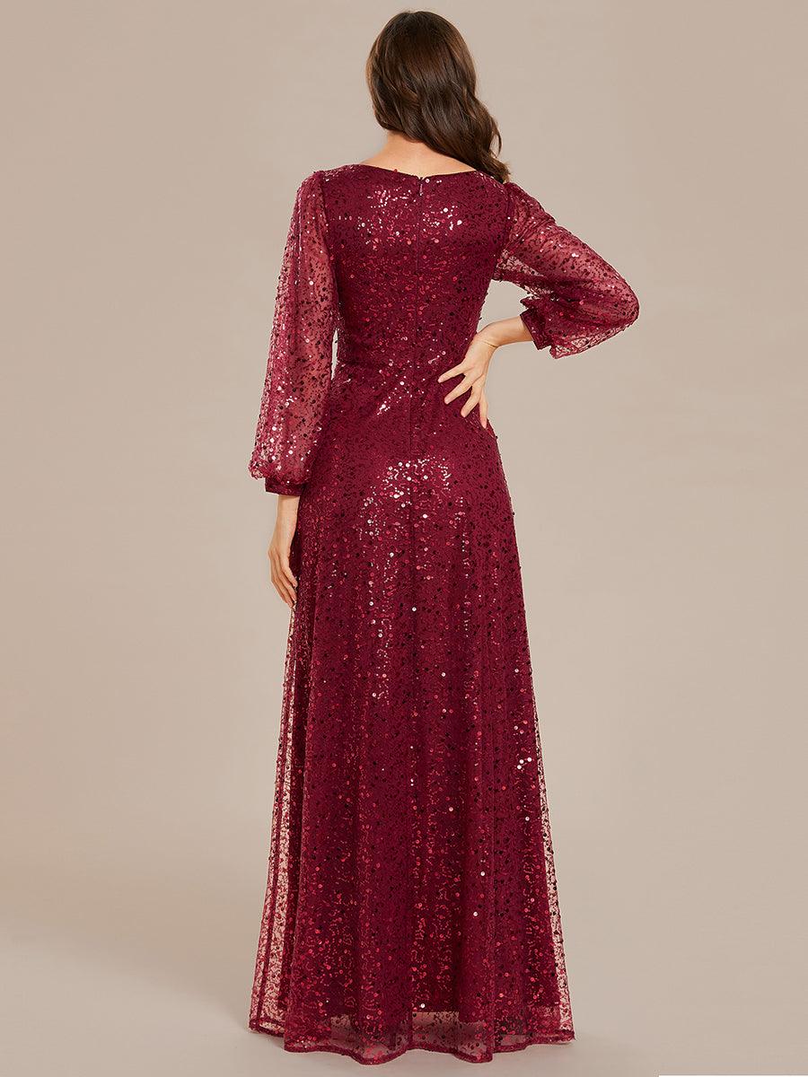 Robe de soirée trapèze à paillettes col en V manches longues et paillettes #Couleur_Bordeaux