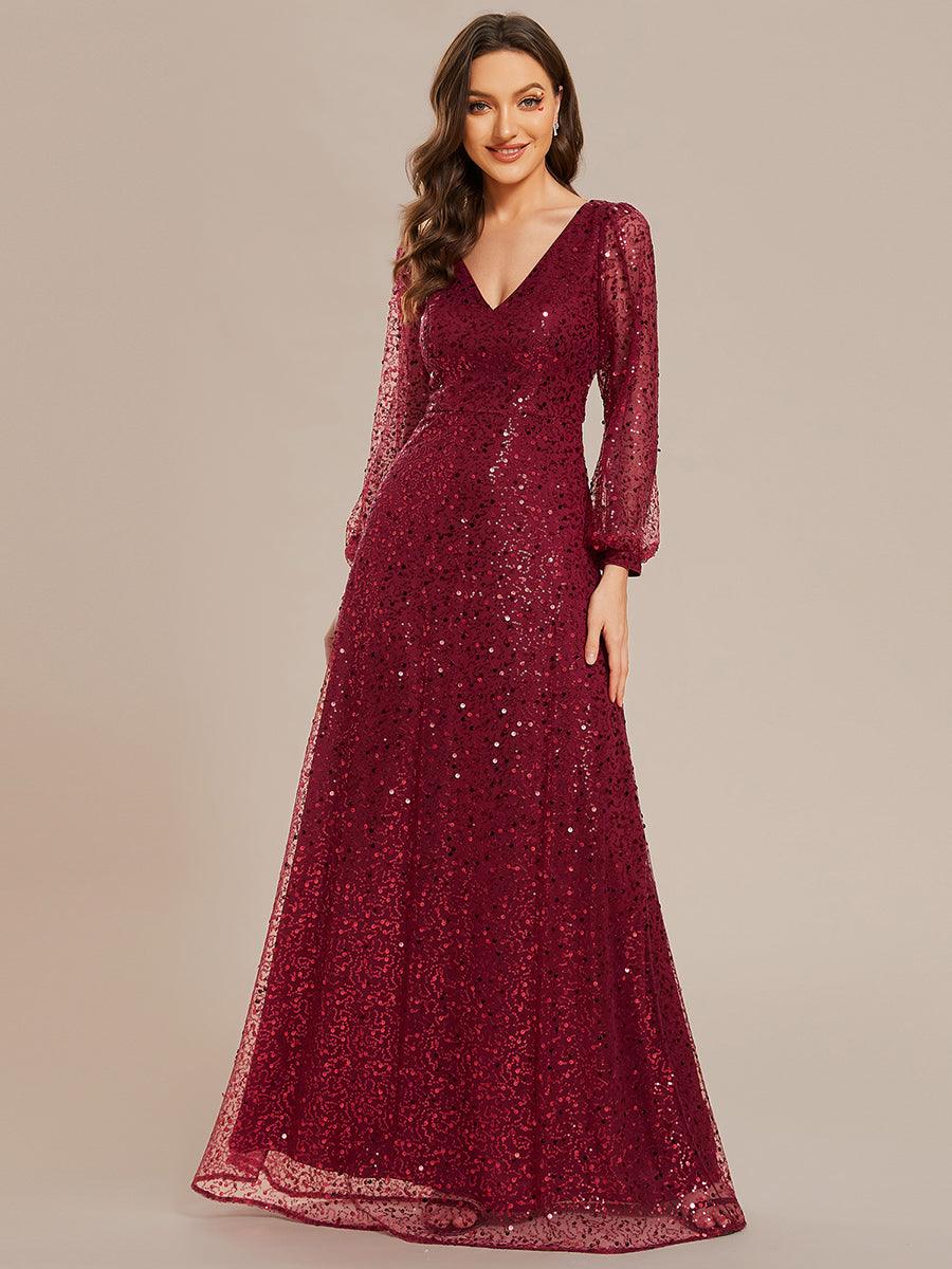 Robe de soirée trapèze à paillettes col en V manches longues et paillettes #Couleur_Bordeaux Robe de soirée trapèze à paillettes col en V manches longues et paillettes