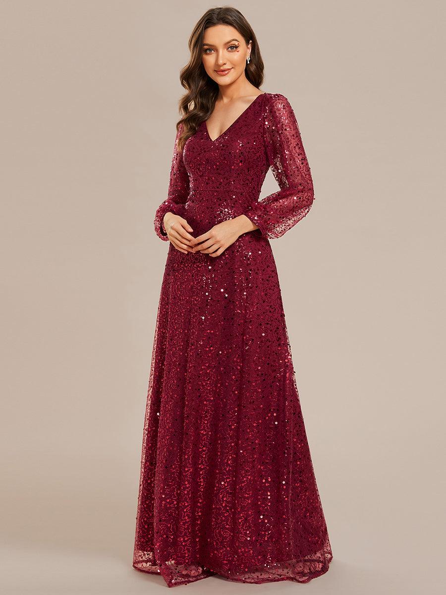 Robe de soirée trapèze à paillettes col en V manches longues et paillettes #Couleur_Bordeaux Robe de soirée trapèze à paillettes col en V manches longues et paillettes