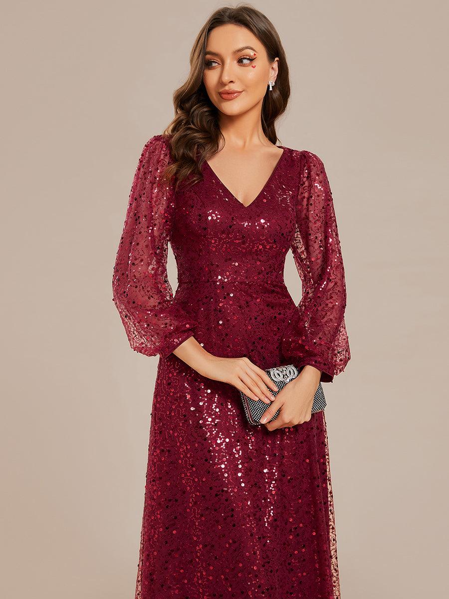 Robe de soirée trapèze à paillettes col en V manches longues et paillettes #Couleur_Bordeaux