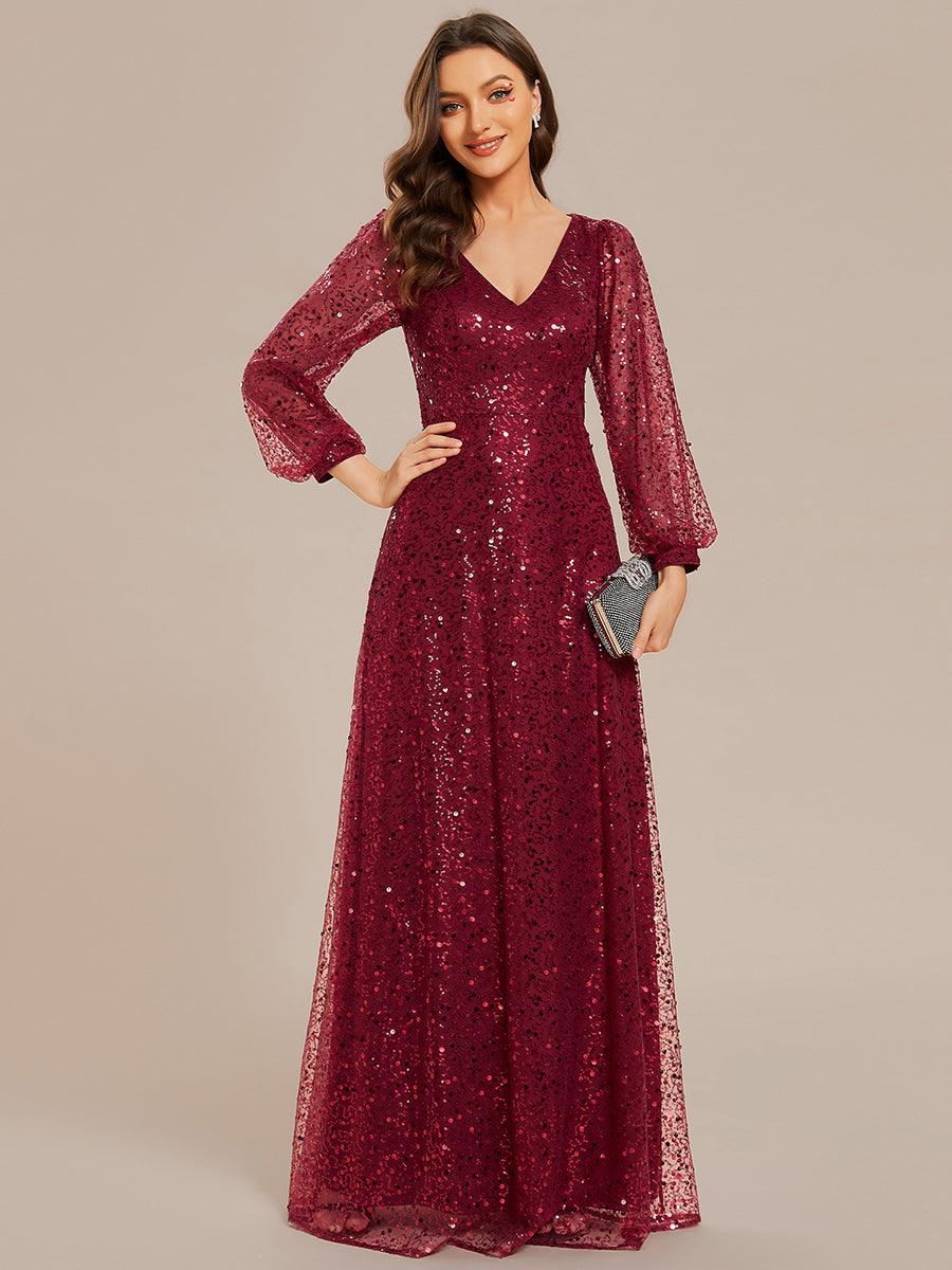 Robe de soirée trapèze à paillettes col en V manches longues et paillettes #Couleur_Bordeaux Robe de soirée trapèze à paillettes col en V manches longues et paillettes