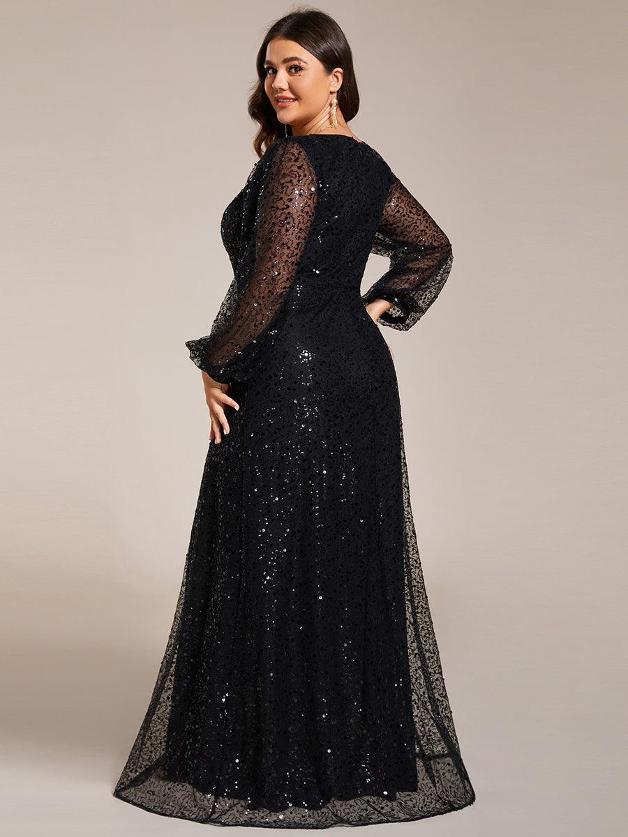 Robe de soirée trapèze à paillettes col en V manches longues et paillettes #Couleur_Noir