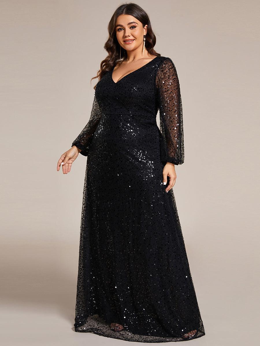 Robe de soirée trapèze à paillettes col en V manches longues et paillettes #Couleur_Noir