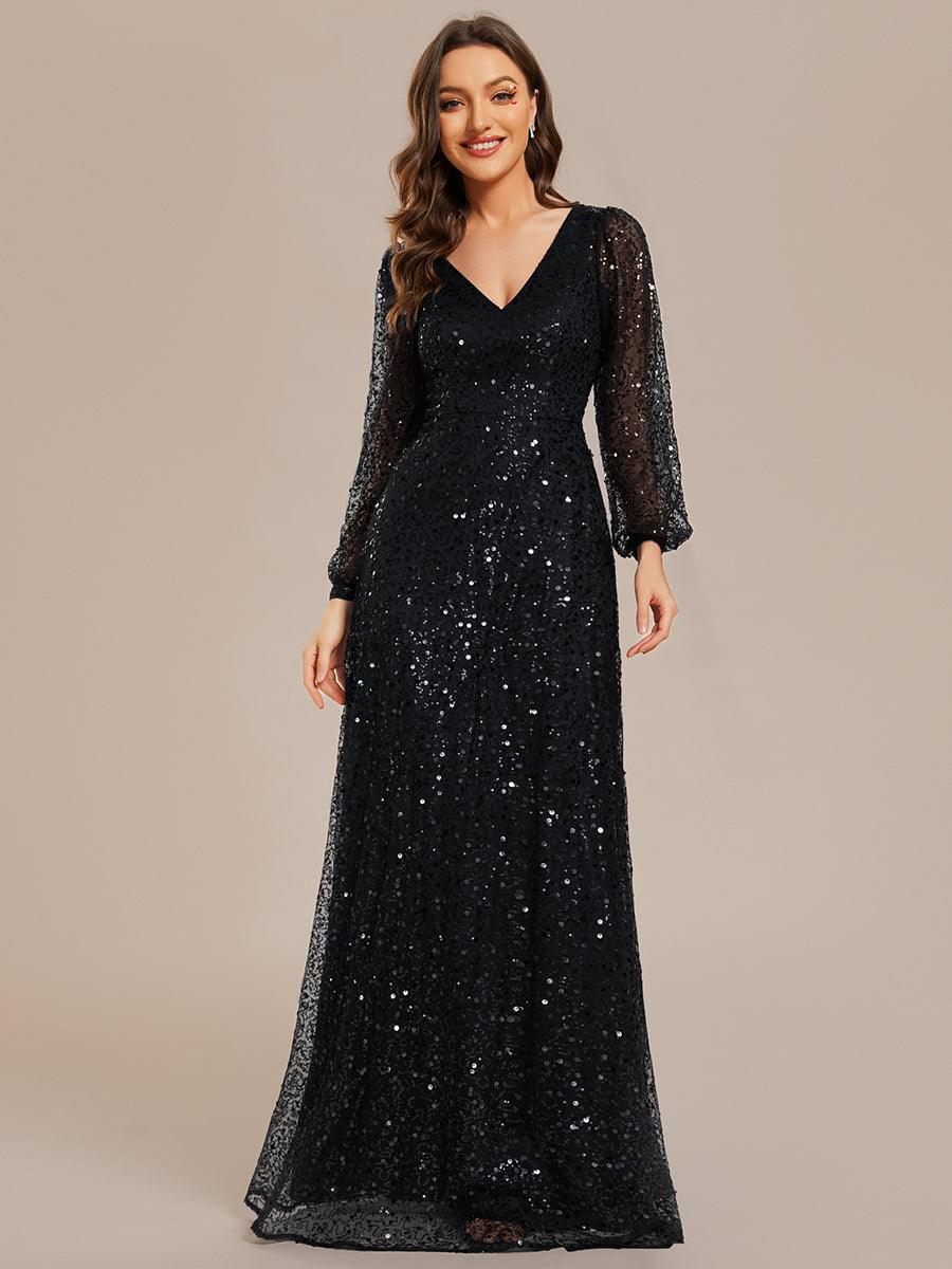 Robe de soirée trapèze à paillettes col en V manches longues et paillettes #Couleur_Noir
