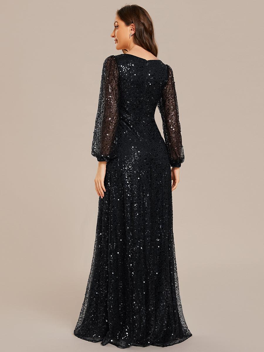 Robe de soirée trapèze à paillettes col en V manches longues et paillettes #Couleur_Noir
