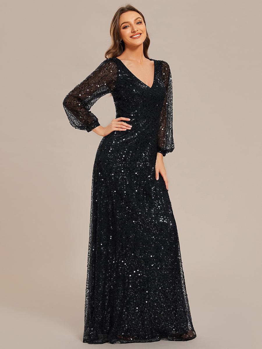 Robe de soirée trapèze à paillettes col en V manches longues et paillettes #Couleur_Noir
