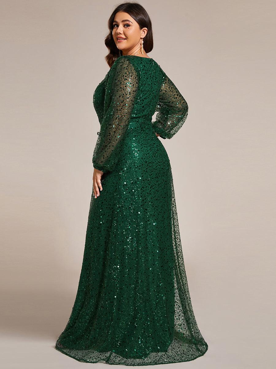 Grande taille Robe de soirée trapèze à paillettes col en V manches longues et paillettes#Couleur_Vert Fonce