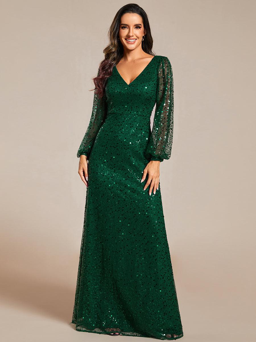 Robe de soirée trapèze à paillettes col en V manches longues et paillettes #Couleur_Vert Fonce