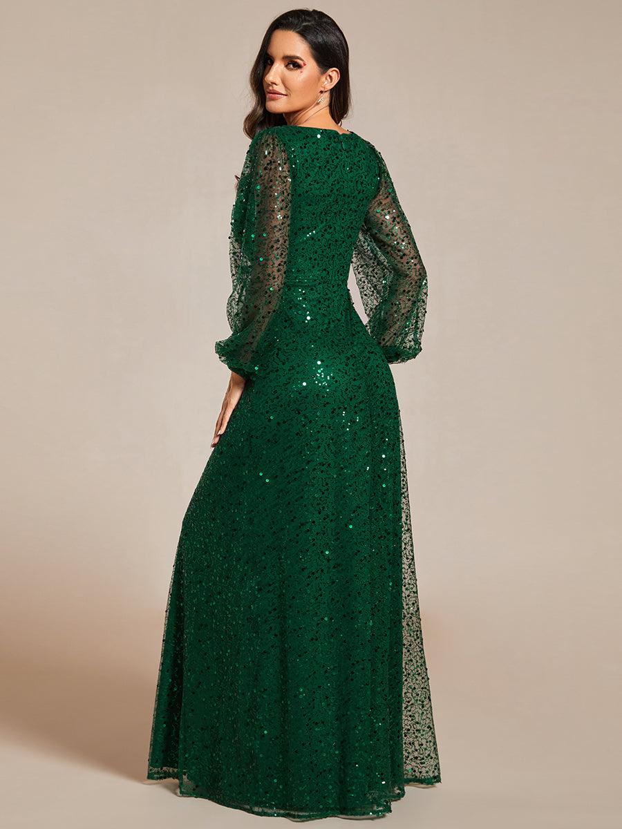 Robe de soirée trapèze à paillettes col en V manches longues et paillettes #Couleur_Vert Fonce