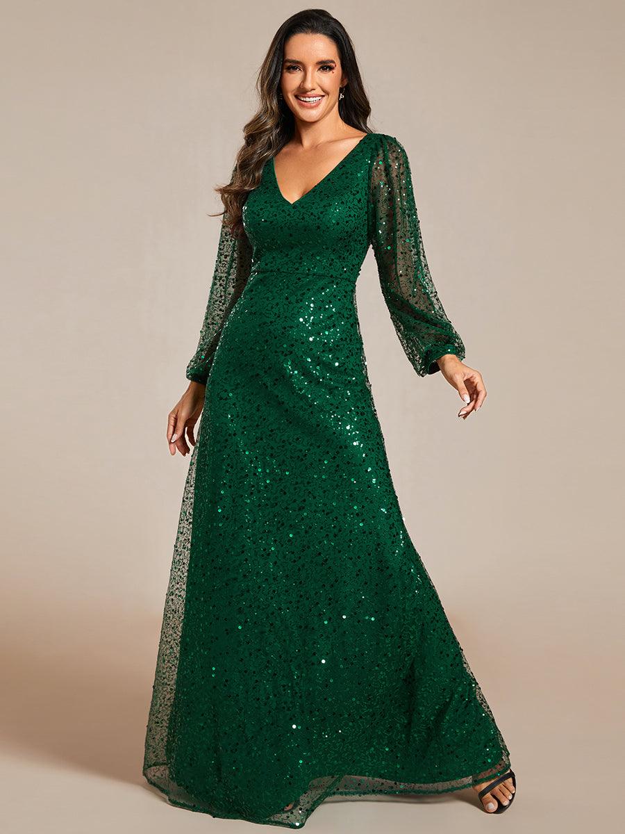 Robe de soirée trapèze à paillettes col en V manches longues et paillettes #Couleur_Vert Fonce