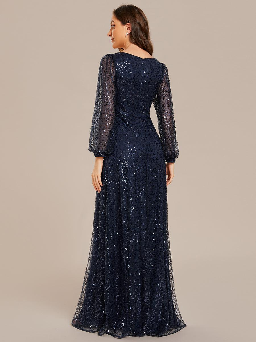 Robe de soirée trapèze à paillettes col en V manches longues et paillettes #Couleur_Bordeaux Robe de soirée trapèze à paillettes col en V manches longues et paillettes