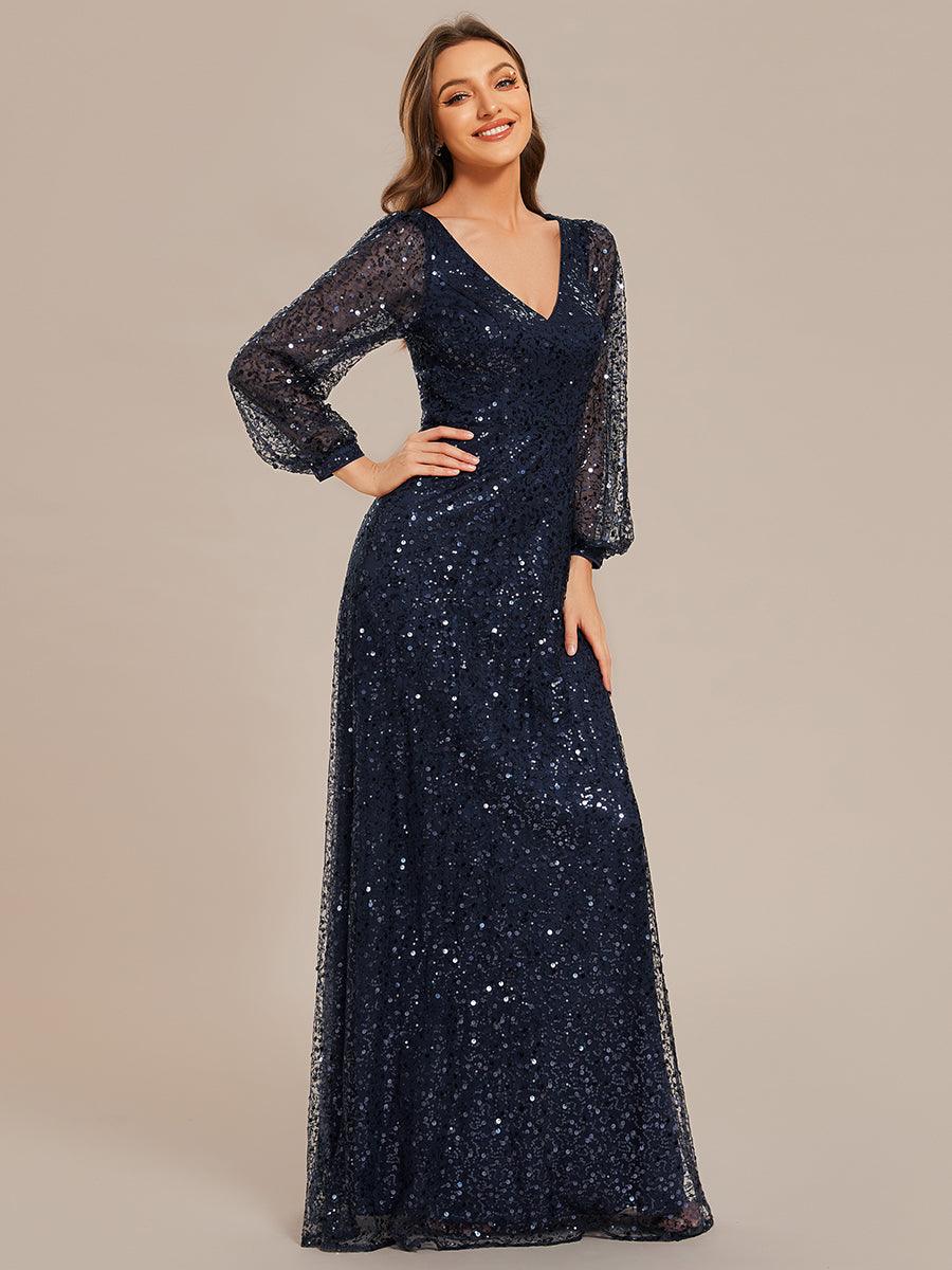 Robe de soirée trapèze à paillettes col en V manches longues et paillettes #Couleur_Bordeaux Robe de soirée trapèze à paillettes col en V manches longues et paillettes
