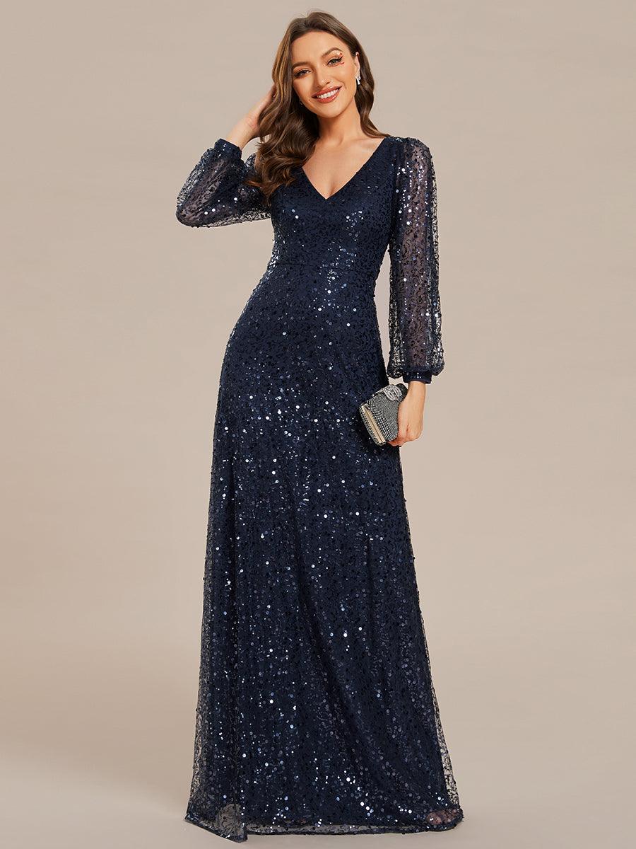 Robe de soirée trapèze à paillettes col en V manches longues et paillettes #Couleur_Bordeaux Robe de soirée trapèze à paillettes col en V manches longues et paillettes