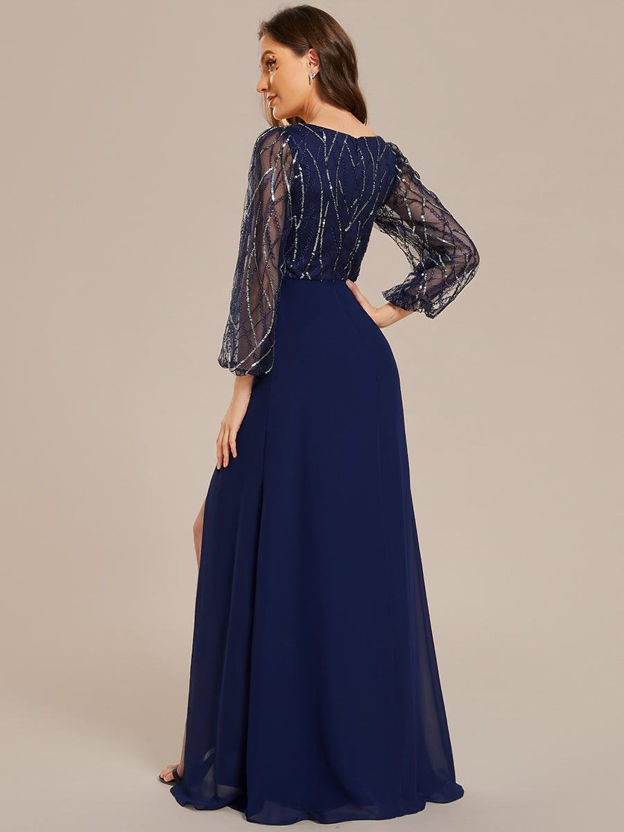 Robe de soirée trapèze en mousseline de soie transparente à paillettes manches longues fente haute #Couleur_Bleu Marine Robe de soirée trapèze en mousseline de soie transparente à paillettes manches longues fente haute