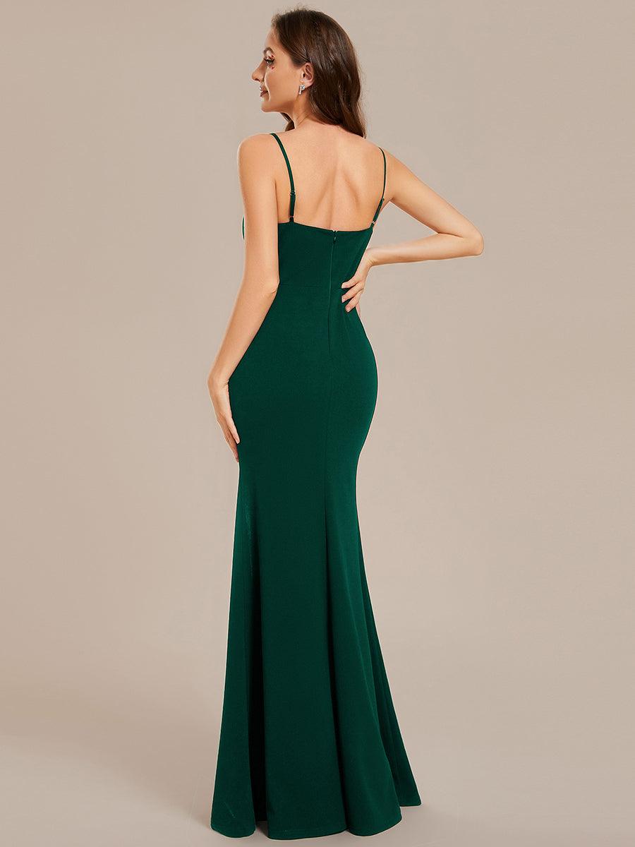 Robe de soirée moulante simple à bretelles spaghetti et fente haute avec strass #Couleur_Vert Fonce
