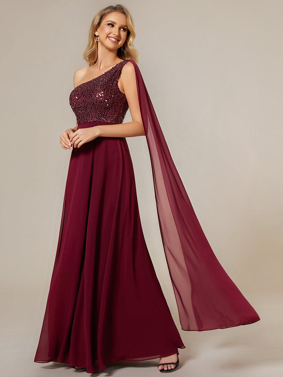 Robe de soirée trapèze en mousseline de soie sans manches corsage à paillettes brillantes asymétrique épaule dénudée #Couleur_Bordeaux