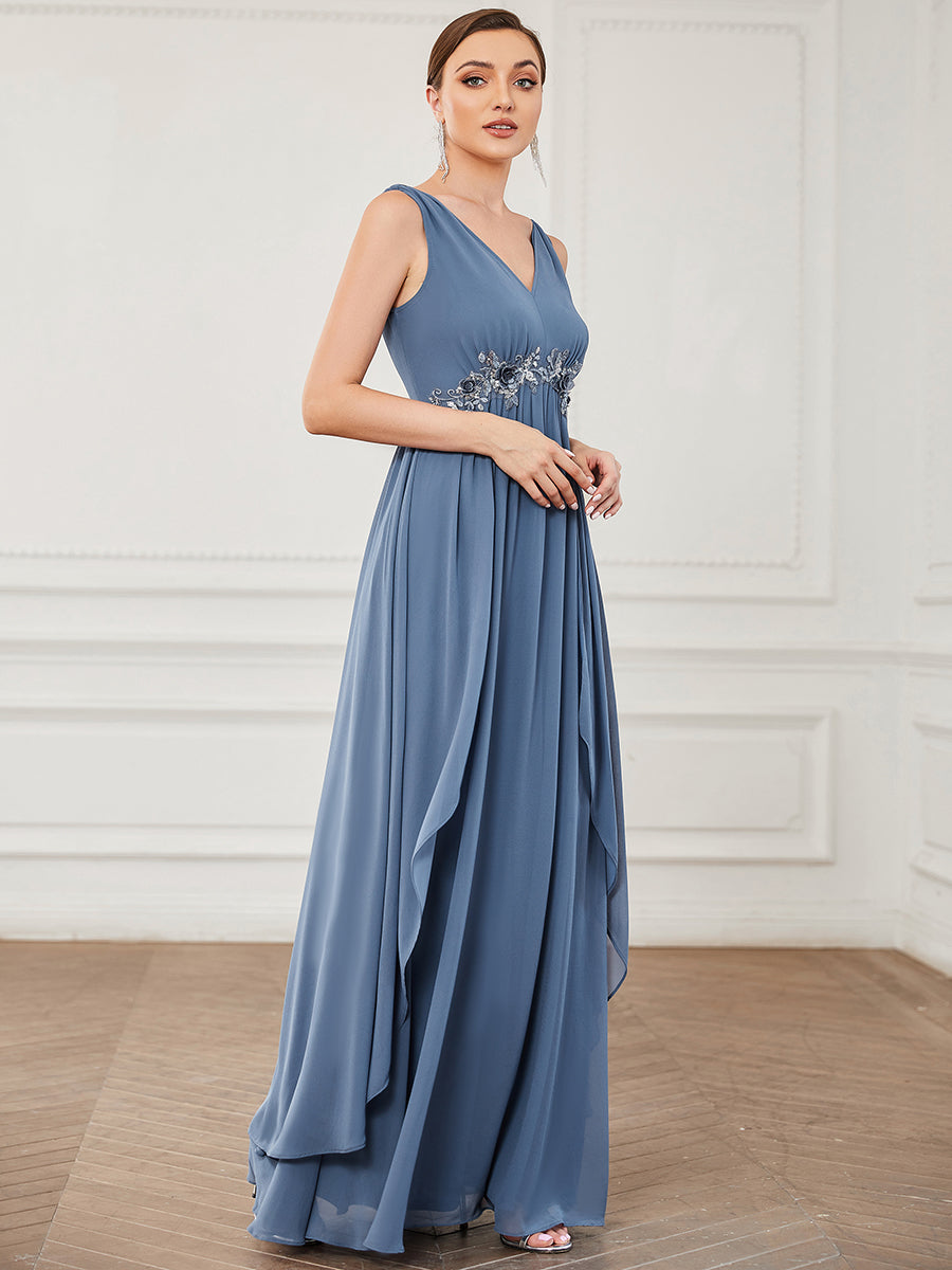 Robe de soirée trapèze en mousseline de soie à col en V et sans manches #Couleur_Marine Fume Robe de soirée trapèze en mousseline de soie à col en V et sans manches