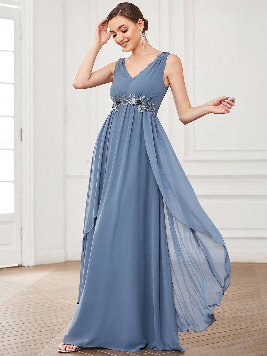 Robe de soirée trapèze en mousseline de soie à col en V et sans manches #Couleur_Marine Fume Robe de soirée trapèze en mousseline de soie à col en V et sans manches