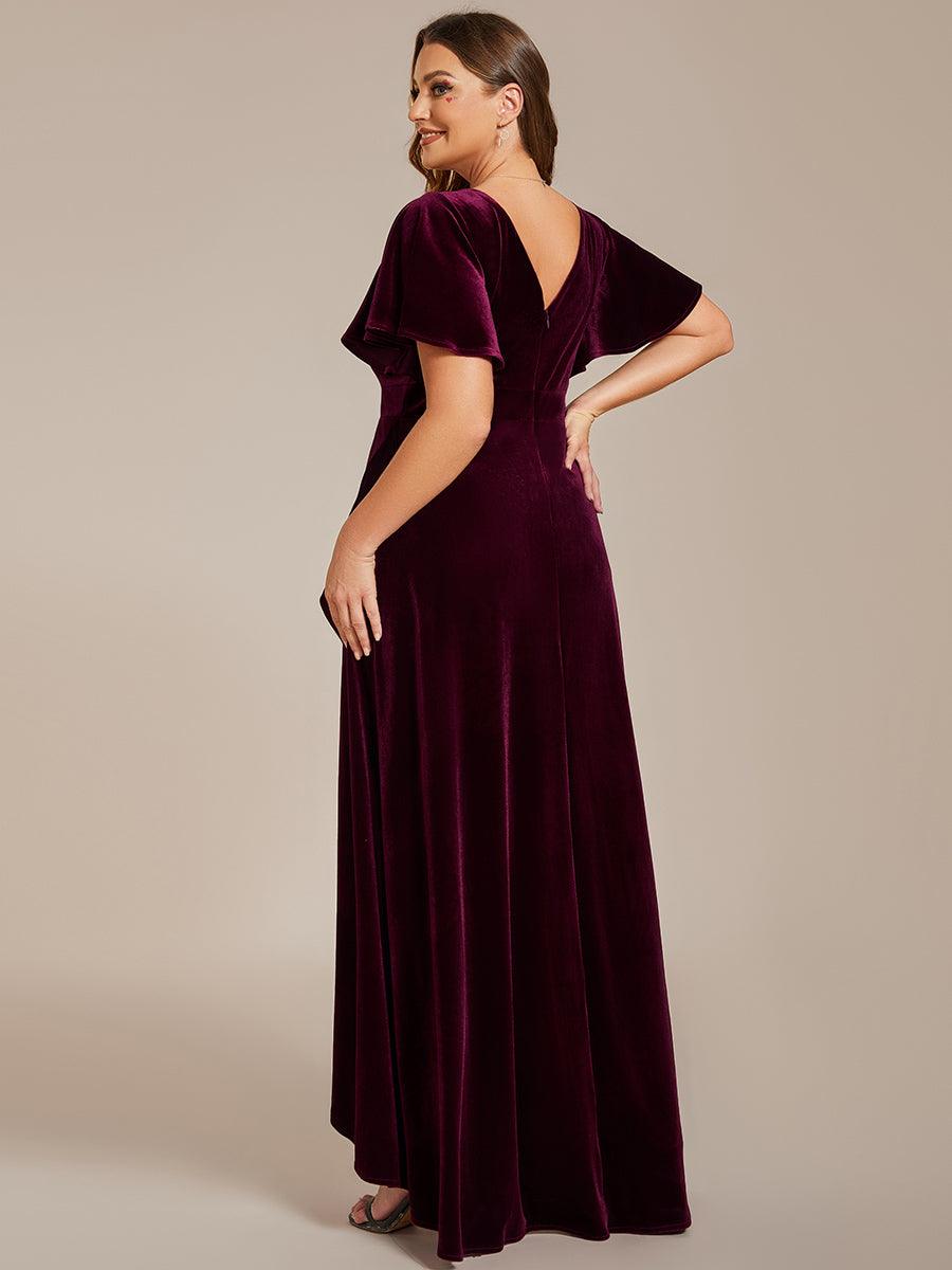 GRANDE TAILLE Robe de soirée en velours extensible à double col en V et manches courtes avec ourlet en feuille de lotus #Couleur_Bleu Marine GRANDE TAILLE Robe de soirée en velours extensible à double col en V et manches courtes avec ourlet en feuille de lotus