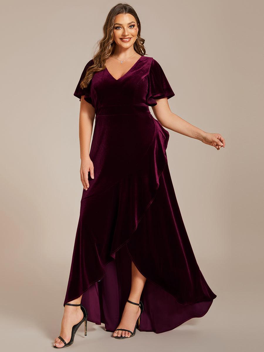 GRANDE TAILLE Robe de soirée en velours extensible à double col en V et manches courtes avec ourlet en feuille de lotus #Couleur_Bordeaux