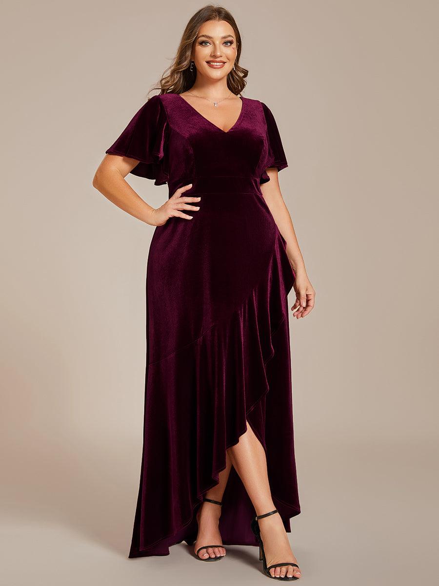 GRANDE TAILLE Robe de soirée en velours extensible à double col en V et manches courtes avec ourlet en feuille de lotus #Couleur_Bordeaux