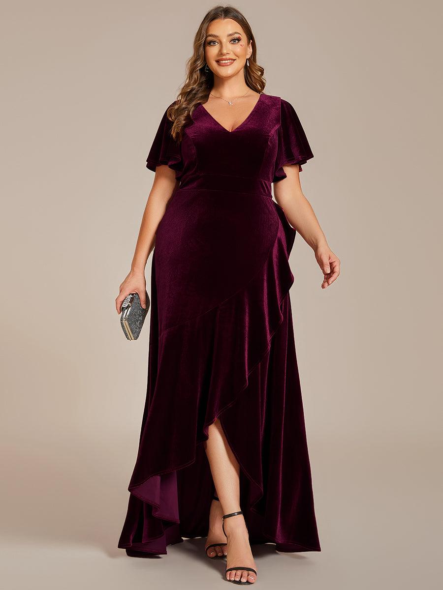 GRANDE TAILLE Robe de soirée en velours extensible à double col en V et manches courtes avec ourlet en feuille de lotus #Couleur_Bleu Marine GRANDE TAILLE Robe de soirée en velours extensible à double col en V et manches courtes avec ourlet en feuille de lotus
