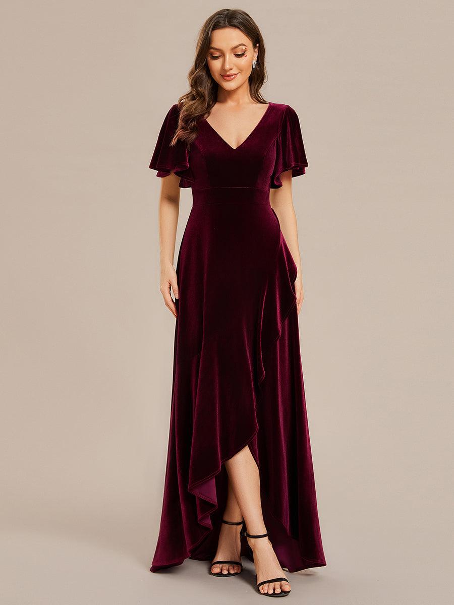 Robe de soirée en velours extensible à double col en V et manches courtes avec ourlet en feuille de lotus#Couleur_Bordeaux Robe de soirée en velours extensible à double col en V et manches courtes avec ourlet en feuille de lotus
