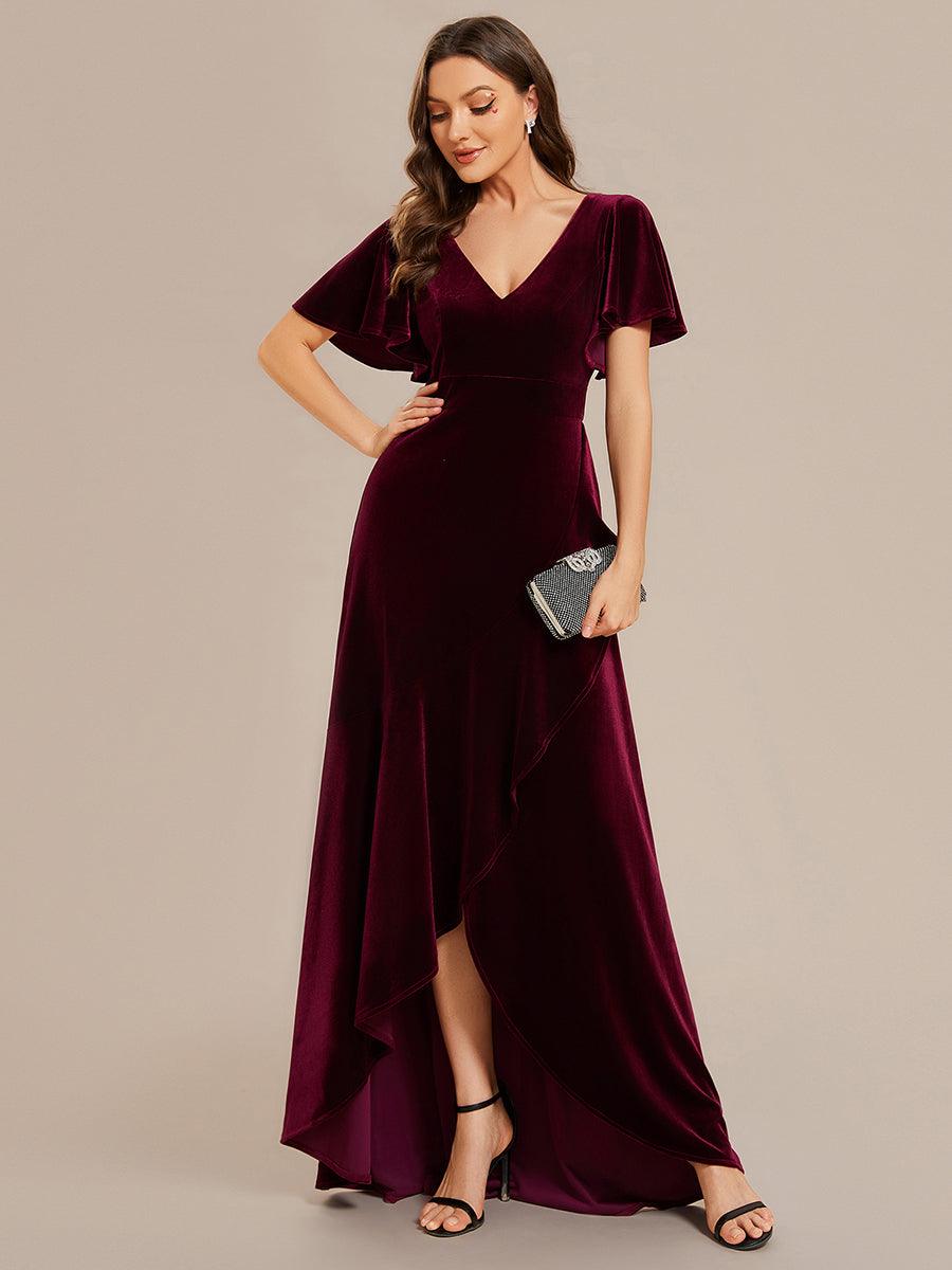 Robe de soirée en velours extensible à double col en V et manches courtes avec ourlet en feuille de lotus#Couleur_Bordeaux Robe de soirée en velours extensible à double col en V et manches courtes avec ourlet en feuille de lotus