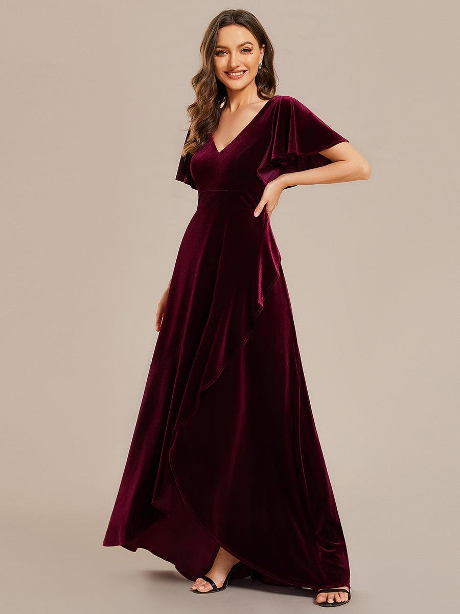 Robe de soirée en velours extensible à double col en V et manches courtes avec ourlet en feuille de lotus#Couleur_Bordeaux Robe de soirée en velours extensible à double col en V et manches courtes avec ourlet en feuille de lotus