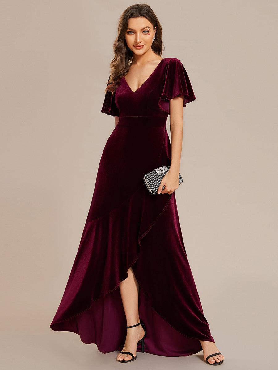 Robe de soirée en velours extensible à double col en V et manches courtes avec ourlet en feuille de lotus#Couleur_Bordeaux Robe de soirée en velours extensible à double col en V et manches courtes avec ourlet en feuille de lotus