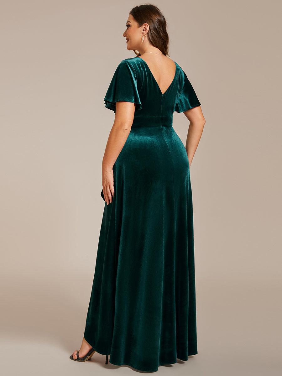 GRANDE TAILLE Robe de soirée en velours extensible à double col en V et manches courtes avec ourlet en feuille de lotus #Couleur_Vert Fonce
