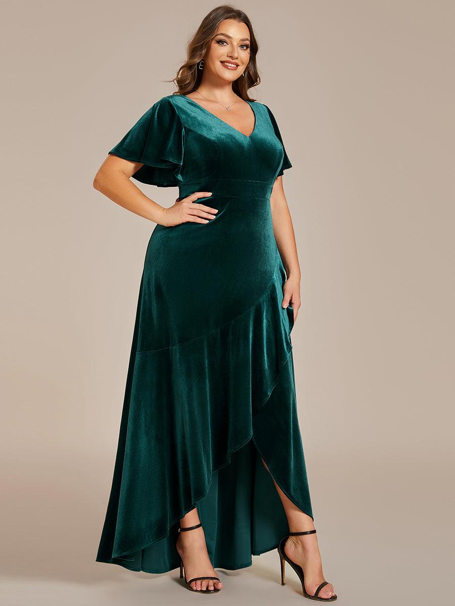 GRANDE TAILLE Robe de soirée en velours extensible à double col en V et manches courtes avec ourlet en feuille de lotus #Couleur_Vert Fonce
