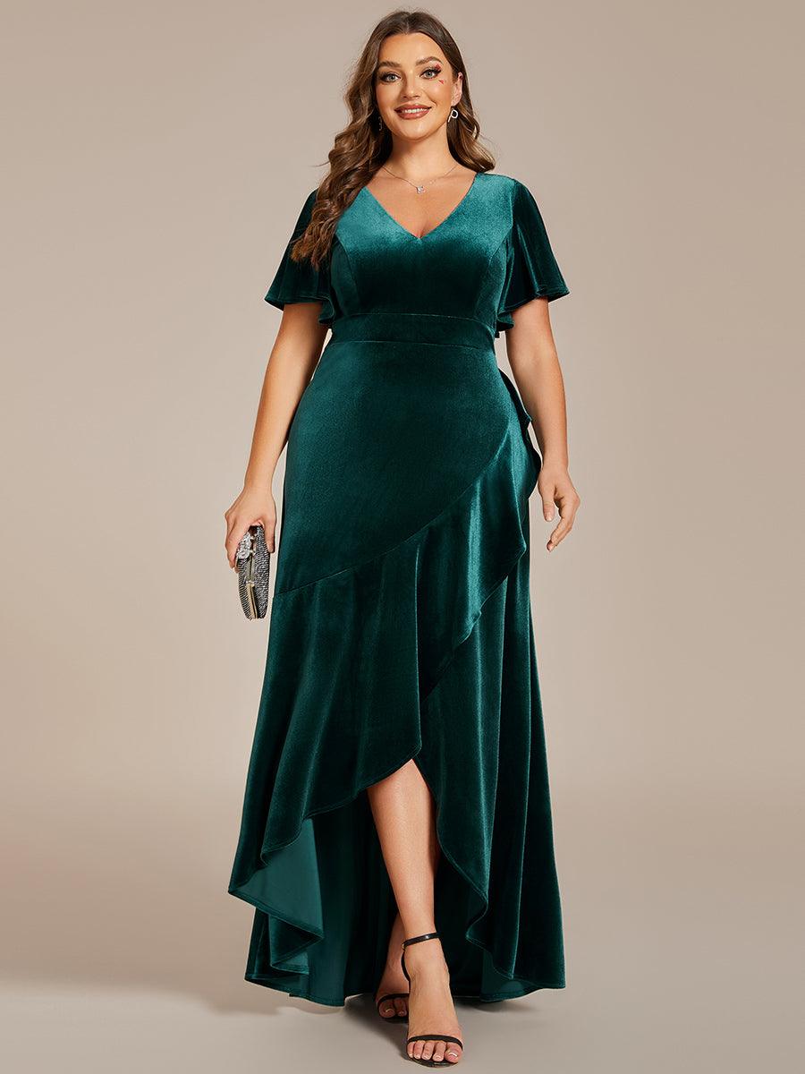 GRANDE TAILLE Robe de soirée en velours extensible à double col en V et manches courtes avec ourlet en feuille de lotus #Couleur_Bleu Marine GRANDE TAILLE Robe de soirée en velours extensible à double col en V et manches courtes avec ourlet en feuille de lotus