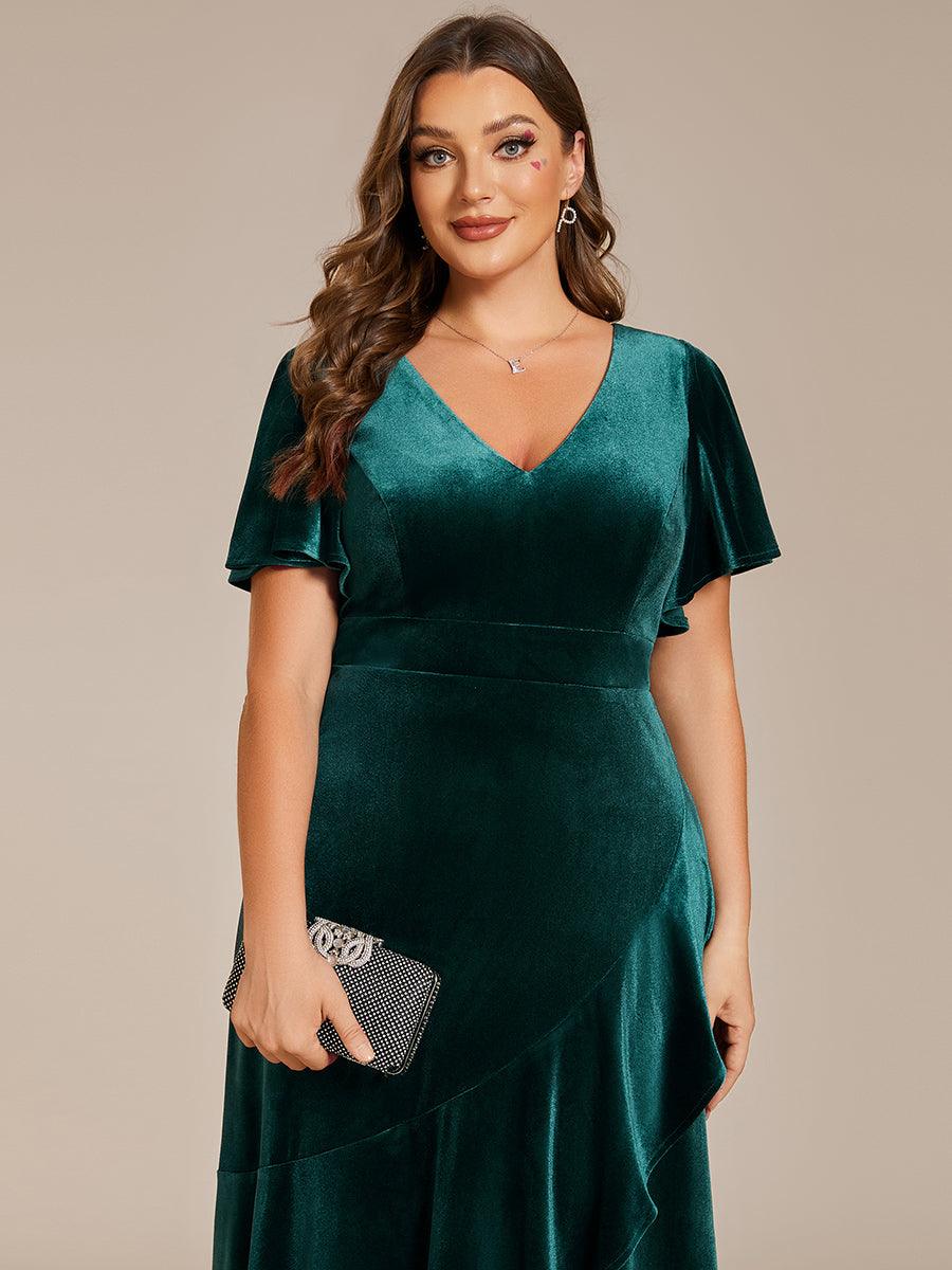 GRANDE TAILLE Robe de soirée en velours extensible à double col en V et manches courtes avec ourlet en feuille de lotus #Couleur_Bleu Marine GRANDE TAILLE Robe de soirée en velours extensible à double col en V et manches courtes avec ourlet en feuille de lotus