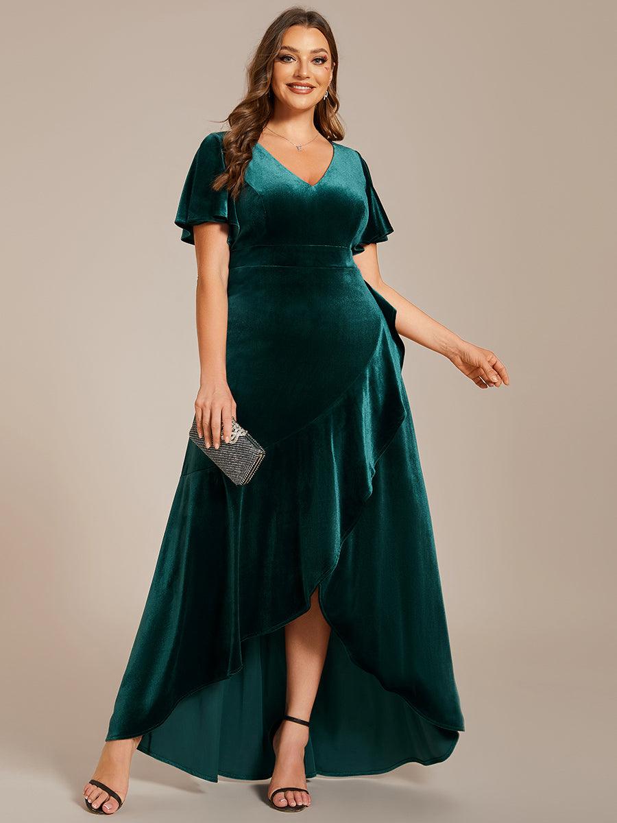 GRANDE TAILLE Robe de soirée en velours extensible à double col en V et manches courtes avec ourlet en feuille de lotus #Couleur_Bleu Marine GRANDE TAILLE Robe de soirée en velours extensible à double col en V et manches courtes avec ourlet en feuille de lotus