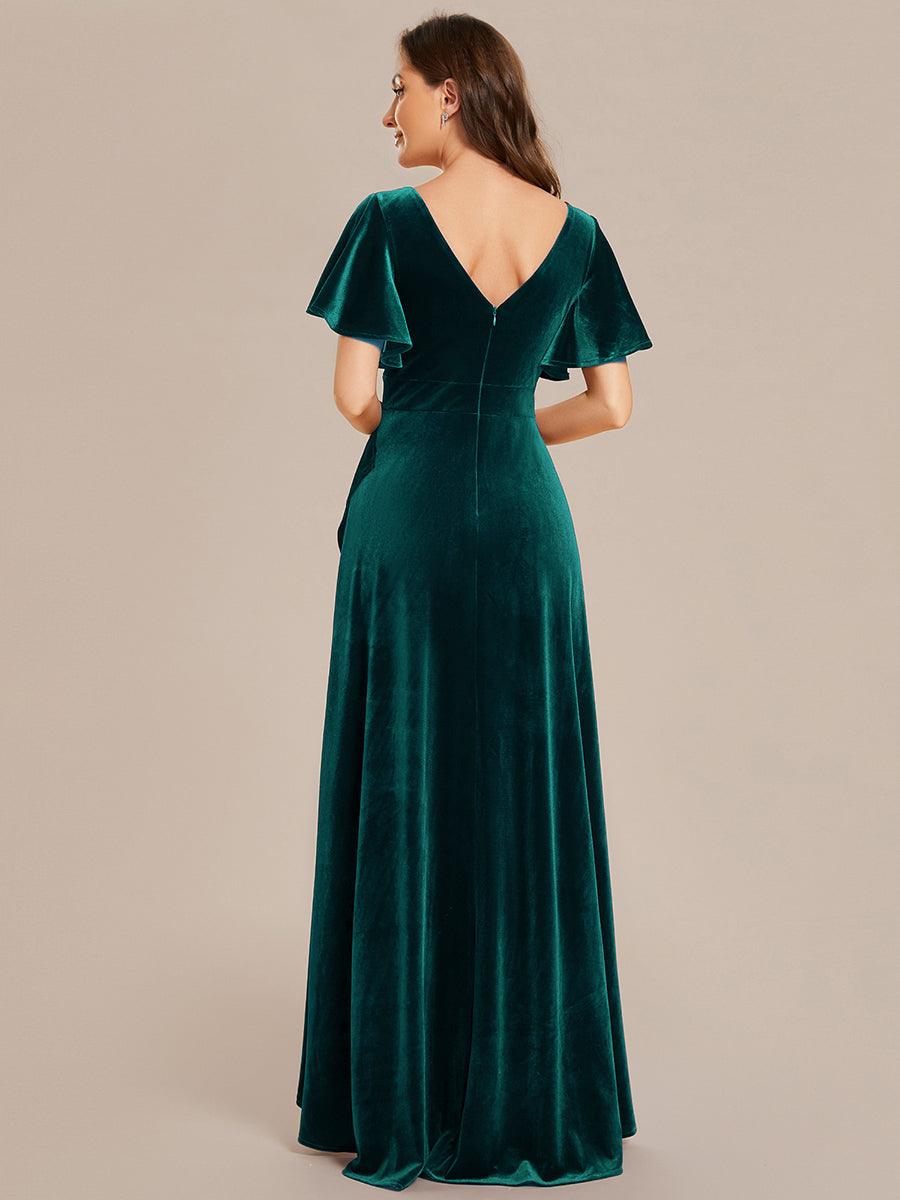 Robe de soirée en velours extensible à double col en V et manches courtes avec ourlet en feuille de lotus#Couleur_Bordeaux Robe de soirée en velours extensible à double col en V et manches courtes avec ourlet en feuille de lotus