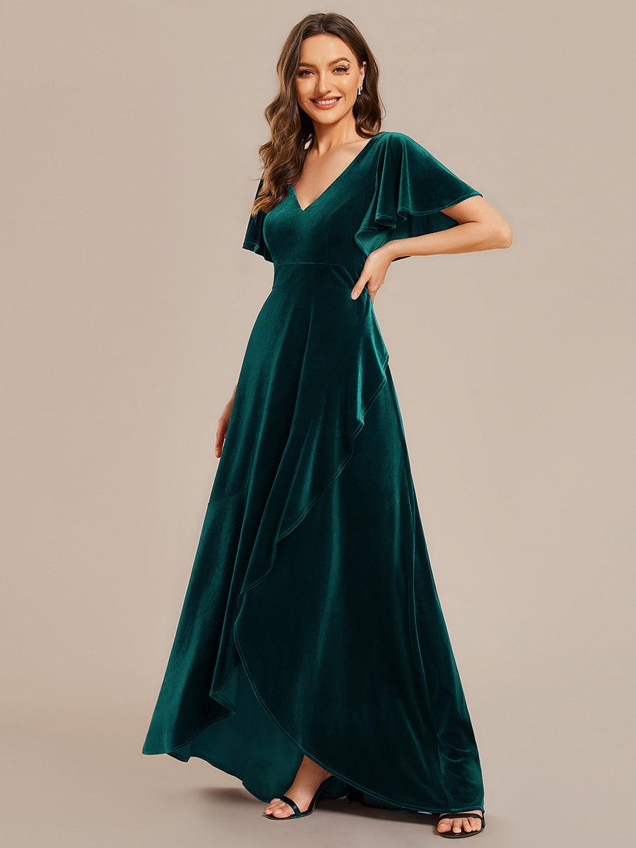 Robe de soirée en velours extensible à double col en V et manches courtes avec ourlet en feuille de lotus#Couleur_Bordeaux Robe de soirée en velours extensible à double col en V et manches courtes avec ourlet en feuille de lotus